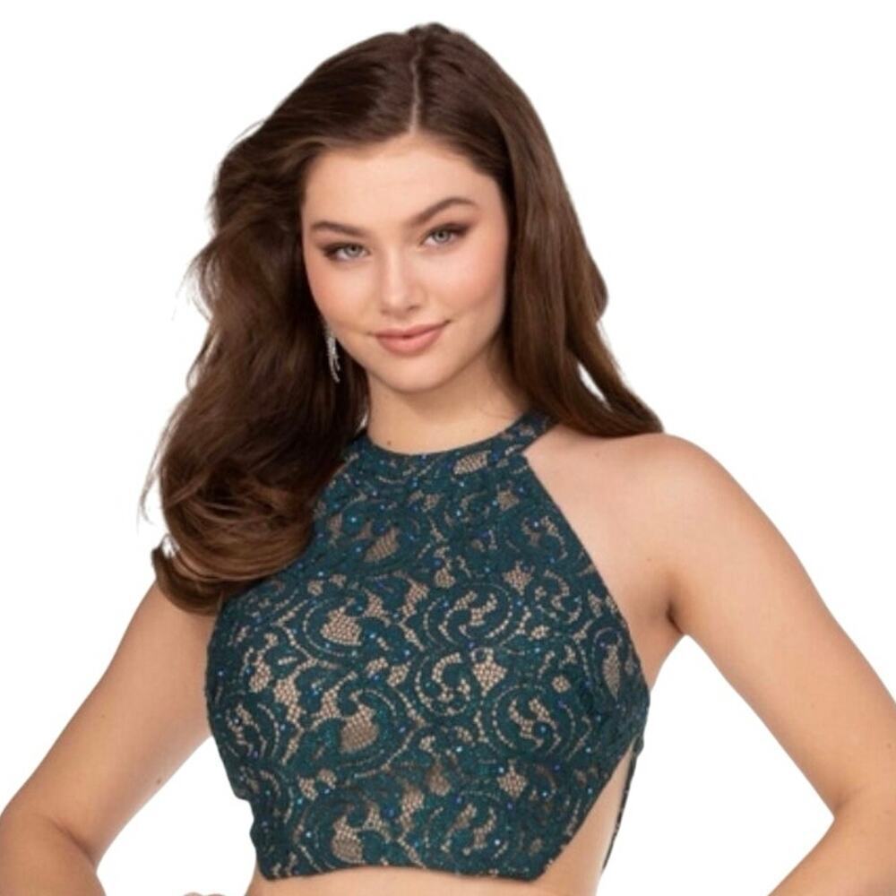 ABBY PARIS HALTER CROP TOP LACE BEADED SZ 0 HUNTER GREEN BACK‎ ZIP SOPHISTICATED